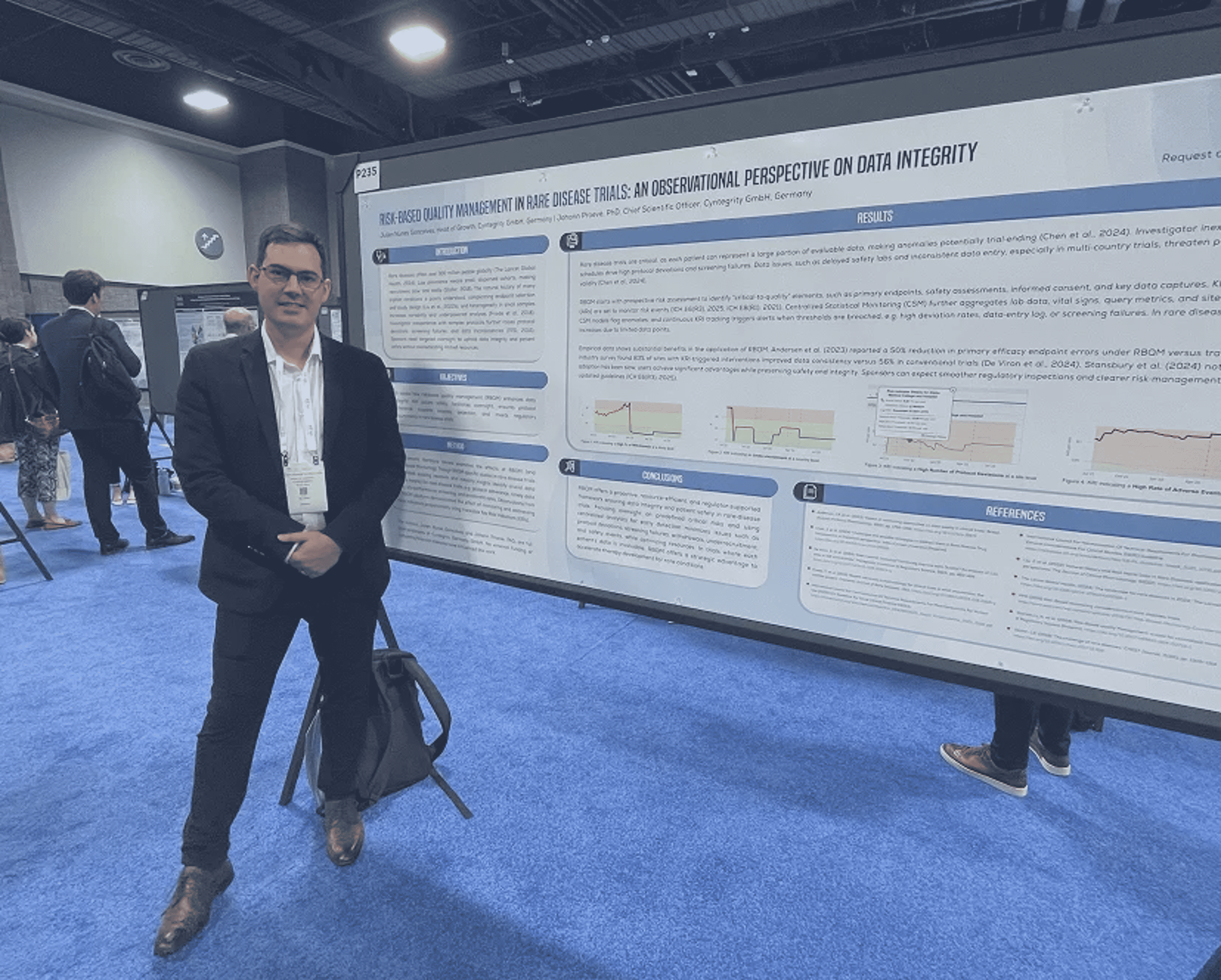Clinical research professional presenting RBQM poster at scientific conference
