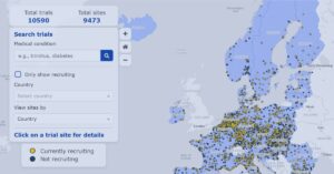 Interactive map of Europe displaying EMA-registered clinical trial sites, with markers indicating recruiting and non-recruiting locations and filters for medical condition and country.