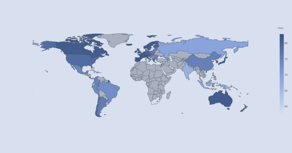 World map visualizing economy and health indicators across OECD countries, with color shading representing relative performance levels by country.
