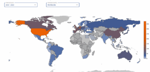 World map showing global distribution of clinical trial activity by country, with color intensity representing the number of trials across selected years.
